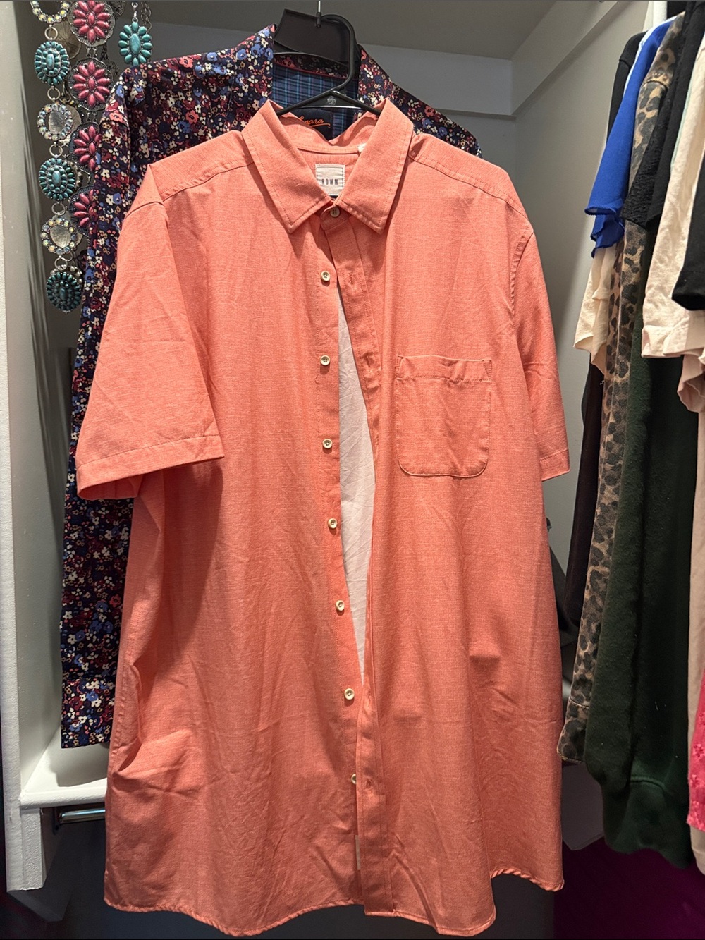 Casual Coral Short-Sleeve Button-Down Shirt